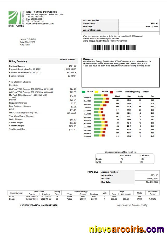 USA Ontario Erie Thames utility bill